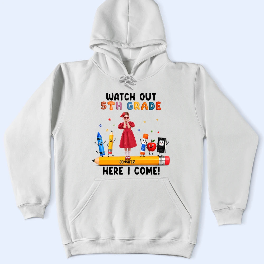 Adorable,Art Design,Back To School,Gift For Kids,Photo - Cartoon Portrait - Custom Photo Cartoon Portrait Kid Watch Out Kindergarten Here I Come - Personalized T Shirt