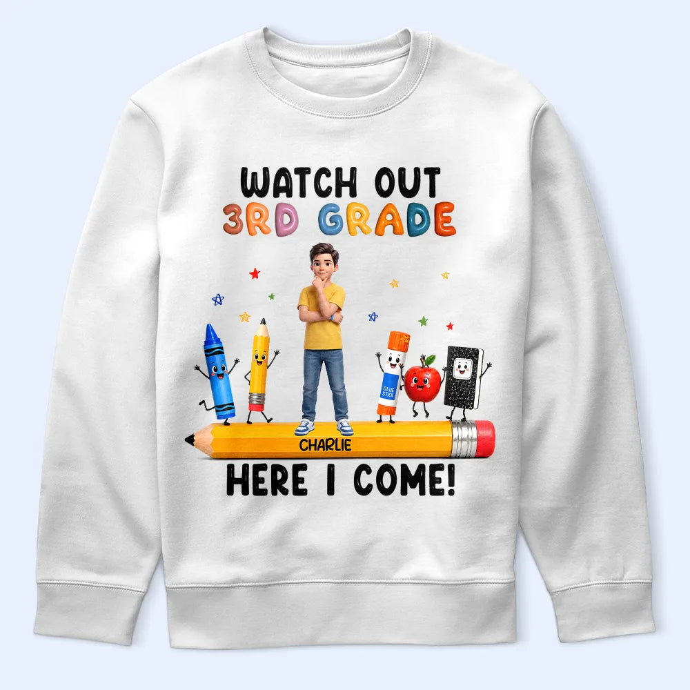 Adorable,Art Design,Back To School,Gift For Kids,Photo - Cartoon Portrait - Custom Photo Cartoon Portrait Kid Watch Out Kindergarten Here I Come - Personalized T Shirt