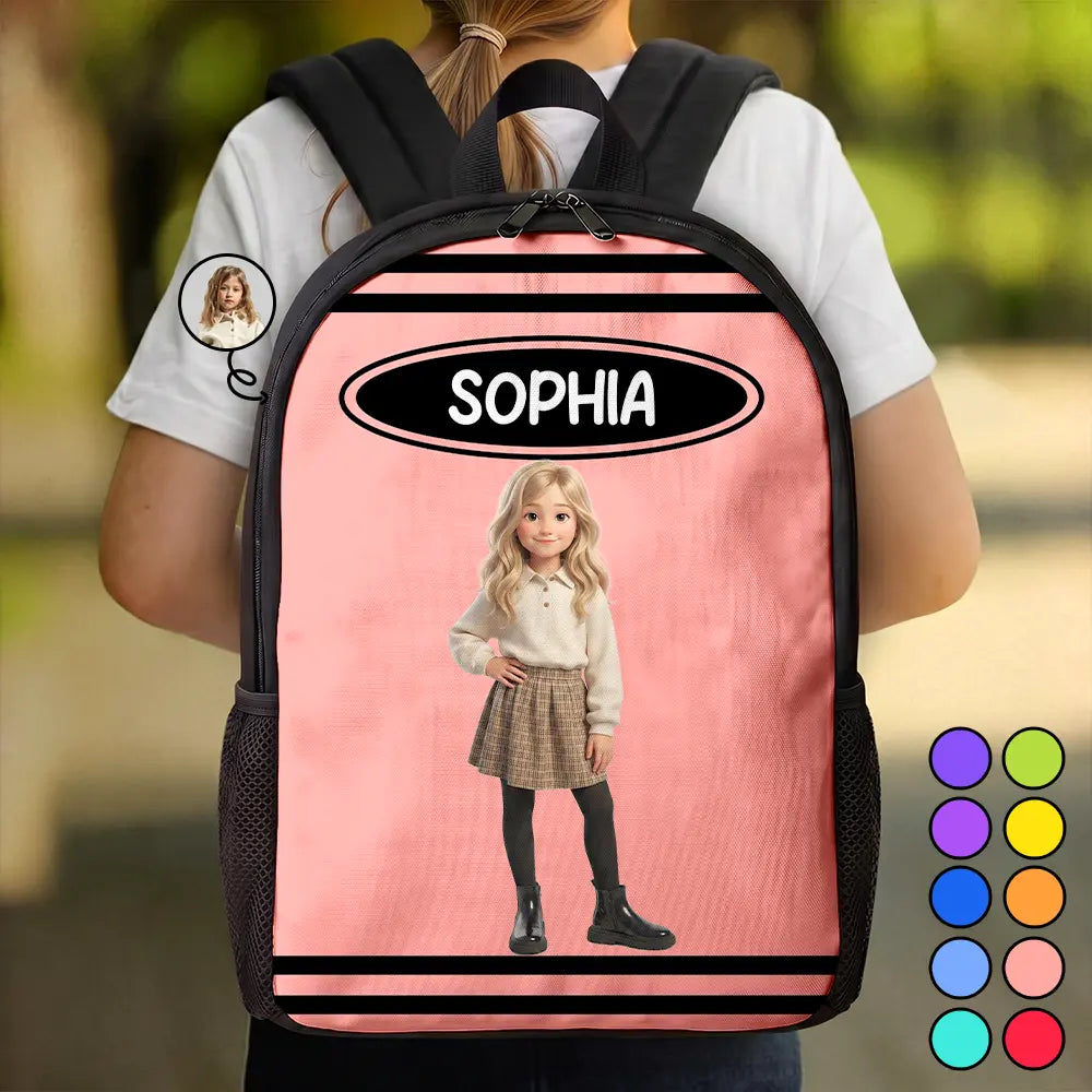 Adorable,Art Design,Back To School,Gift For Kids,Photo - Cartoon Portrait - Custom Photo Cartoon Portrait Kid With Colorful Crayons - Personalized Kids Backpack
