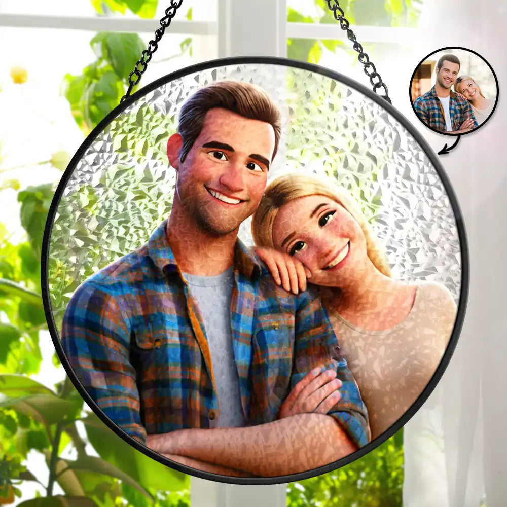 Custom Photo Cartoon Portrait Loving Couple - Personalized Stained Glass Window Hanging Suncatcher