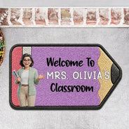 Art Design,Teacher,Inspirational,Back To School,Photo - Cartoon Portrait - Custom Photo Cartoon Portrait Pencil Shape Welcome To Classroom - Personalized Custom Shaped Doormat