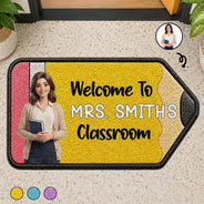 Art Design,Teacher,Inspirational,Back To School,Photo - Cartoon Portrait - Custom Photo Cartoon Portrait Pencil Shape Welcome To Classroom - Personalized Custom Shaped Doormat