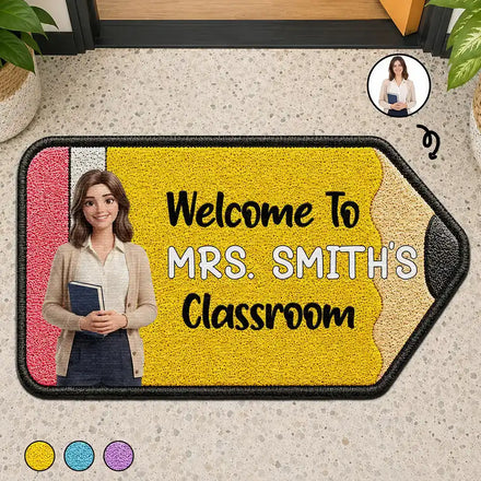 Custom Photo Cartoon Portrait Pencil Shape Welcome To Classroom - Personalized Custom Shaped Doormat