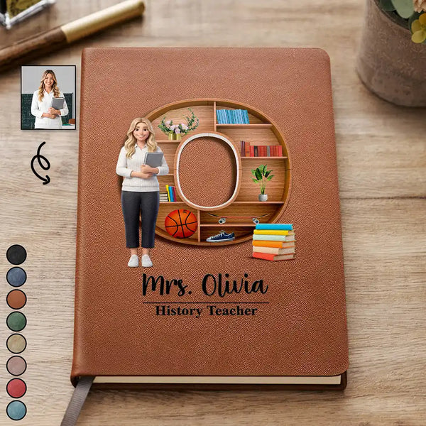 Art Design,Teacher,Back To School,Proud,Photo - Cartoon Portrait - Custom Photo Cartoon Portrait Teacher Alphabet Bookshelf Letter - Personalized Leather Journal