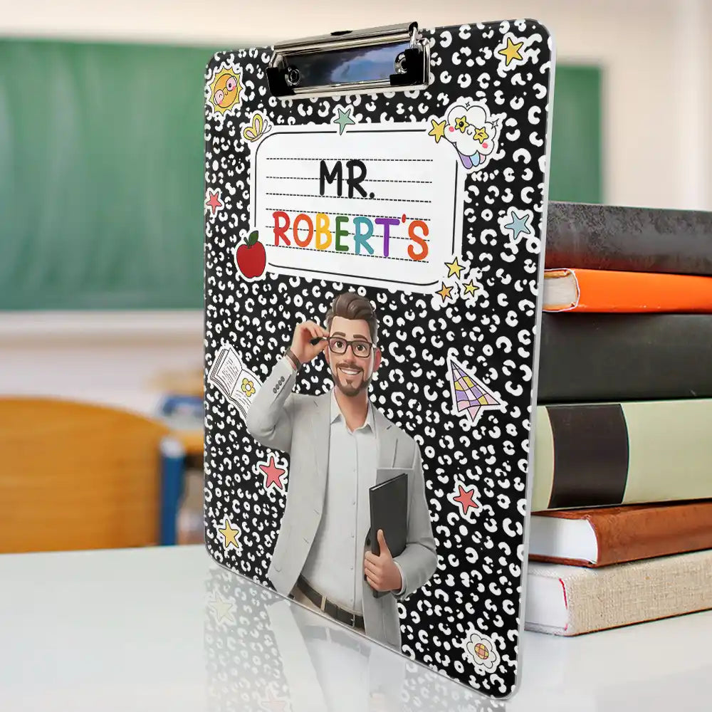 Art Design,Teacher,Confident,Back To School,Photo - Cartoon Portrait - Custom Photo Cartoon Portrait Teacher Composition Notebook - Personalized Acrylic Clipboard