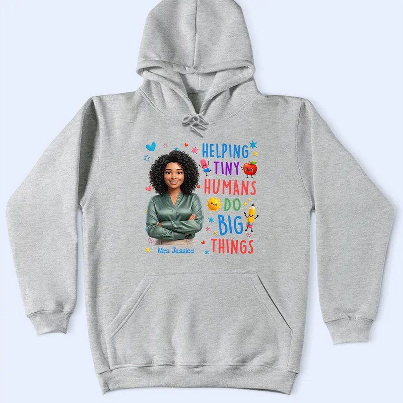Top Market, Art Design, Teacher, Inspirational, Back To School, Photo - Cartoon Portrait - Custom Photo Cartoon Portrait Teacher Helping Tiny Humans Do Big Things - Personalized T Shirt
