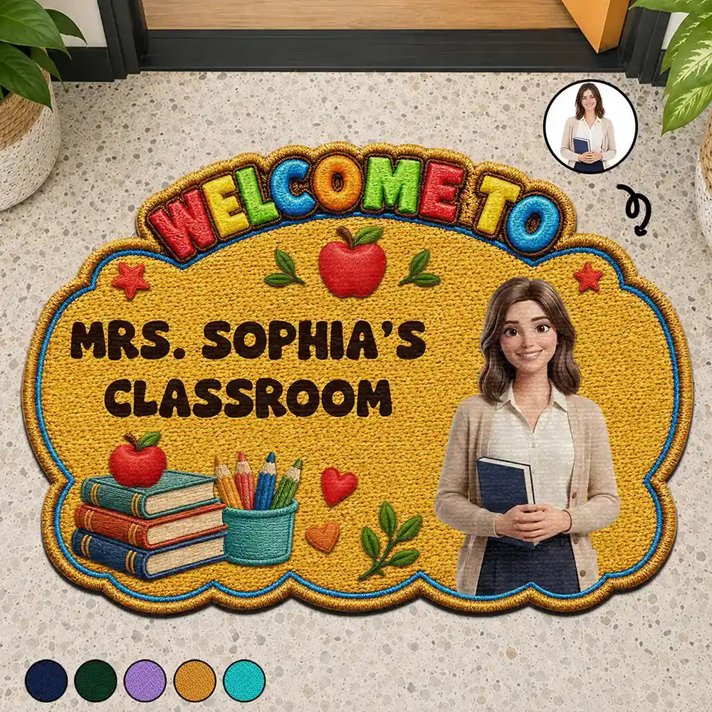 Custom Photo Cartoon Portrait Teacher Welcome To Classroom Faux Embroidery Effect - Personalized Custom Shaped Doormat