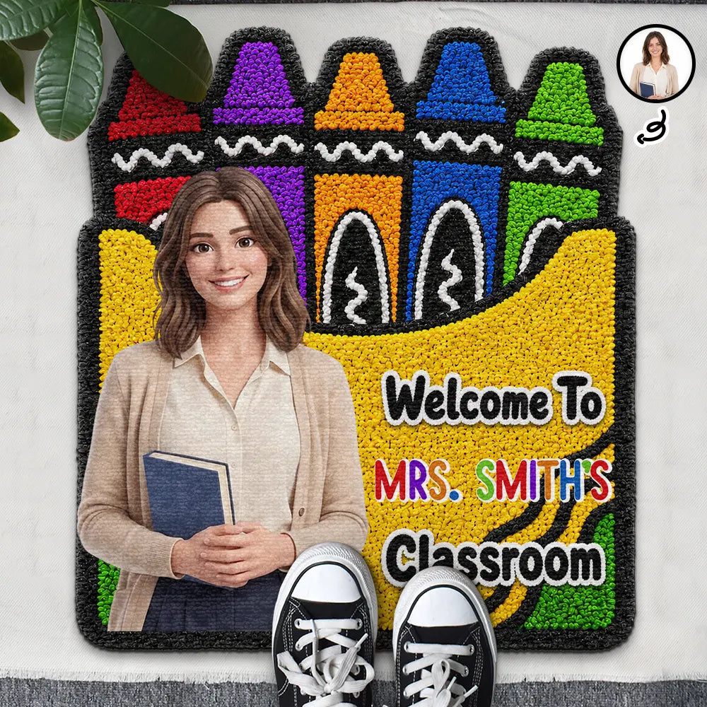 Custom Photo Cartoon Portrait Teacher Welcome To Classroom Faux Yarn Pattern Crayon Box - Personalized Custom Shaped Doormat