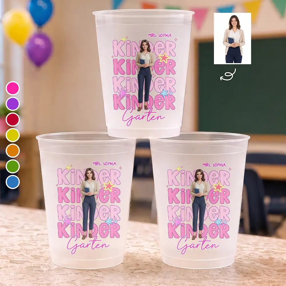 Custom Photo Cartoon Portrait Teacher Welcome To School - Personalized Frosted Cups