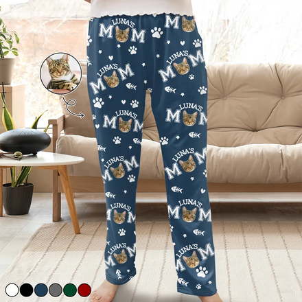 Custom Photo Cat Mom With Paw And Fish Pattern - Personalized Pajama Pants