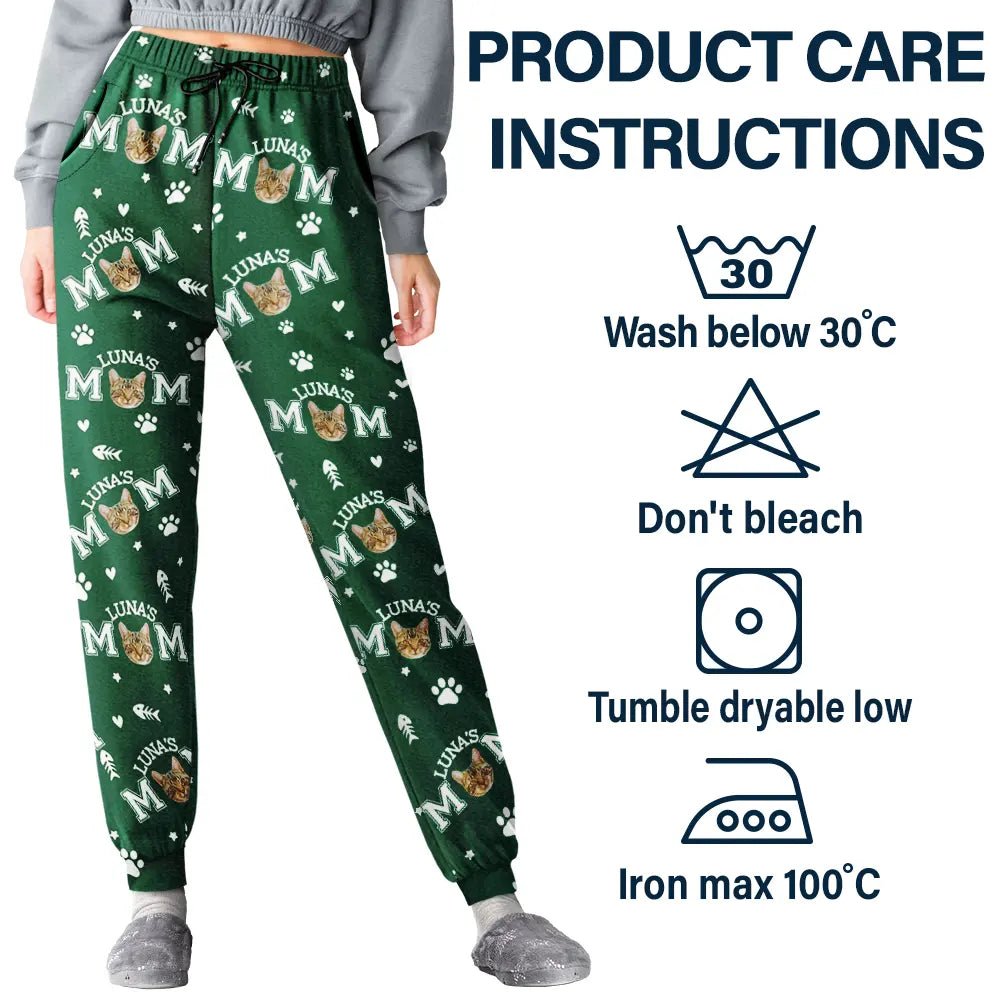 Cat Mom,Cat Lovers,Non-Eng - Custom Photo Cat Mom With Paw And Fish Pattern - Personalized Pajama Pants
