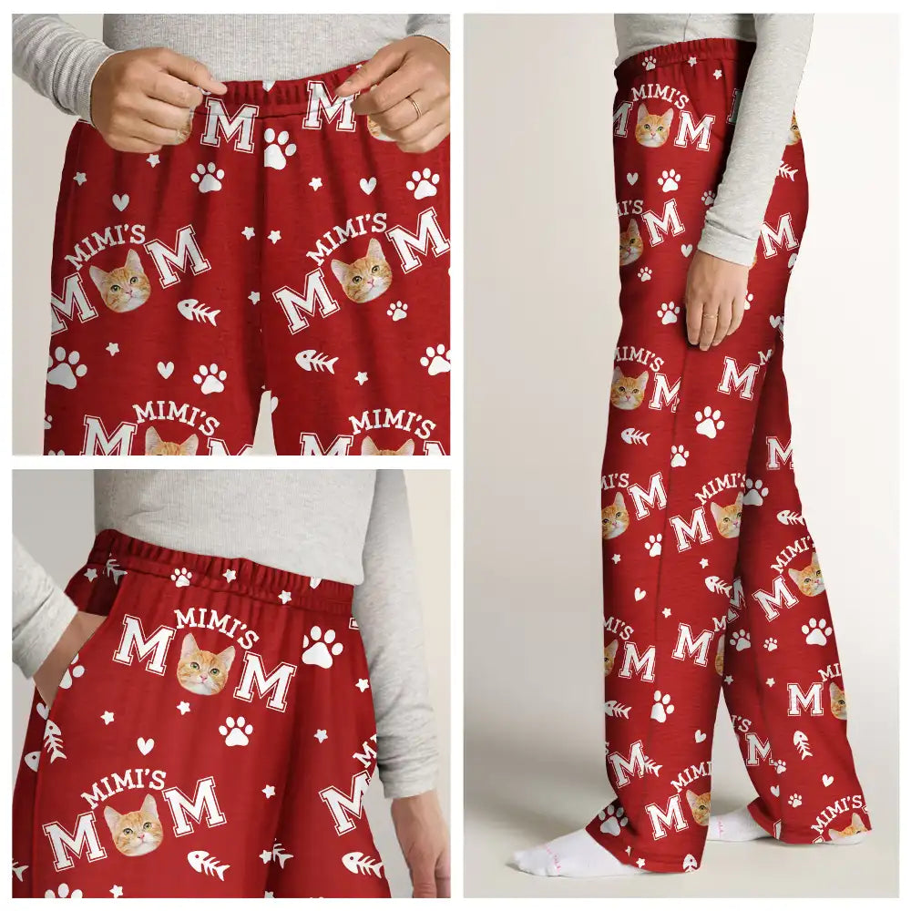 Cat Mom,Cat Lovers,Non-Eng - Custom Photo Cat Mom With Paw And Fish Pattern - Personalized Pajama Pants
