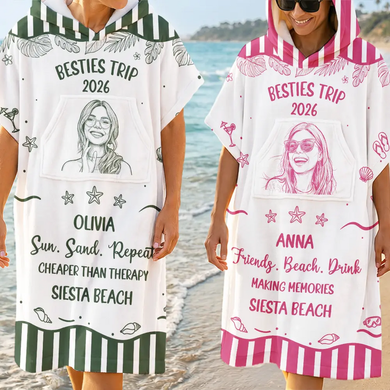 Custom Photo, Beach, Art Design, Summer, Gift For Bestie, Humorous, Photo - Pencil Sketch - Bold - Custom Photo Cheaper Than Therapy Besties Trip Pencil Sketch - Personalized Hooded Poncho Towel