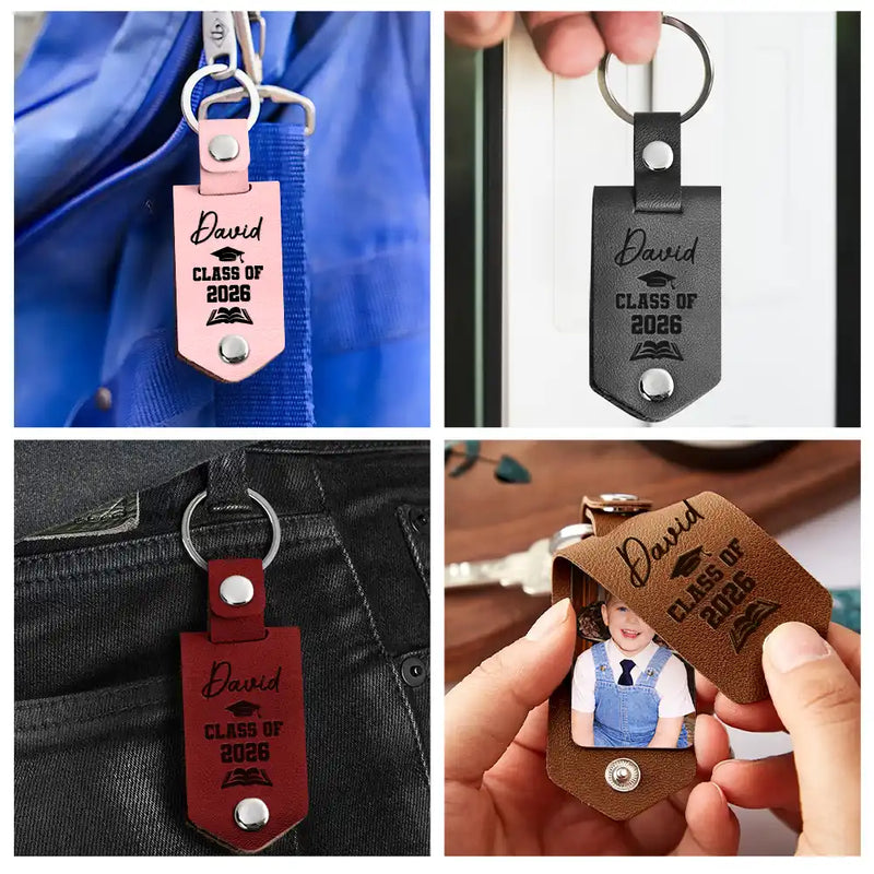 Happy,Graduation,Gift For Yourself,Gift For Men,Gift For Women,Gift For Daughter,Gift For Son,Gift For Sibling,Gift For Sisters,Gift For Brothers,Gift For Bestie - Custom Photo Childhood Look Who's Graduated - Personalized Leather Photo Keychain