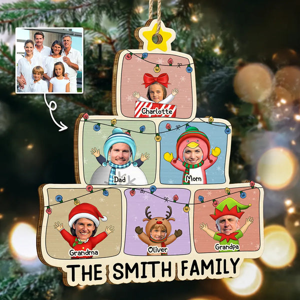 Christmas, Family, Happy, Parents, Gift For Grandparents - Custom Photo Christmas Character Cartoon Comic - Personalized Custom Shaped Wooden Ornament