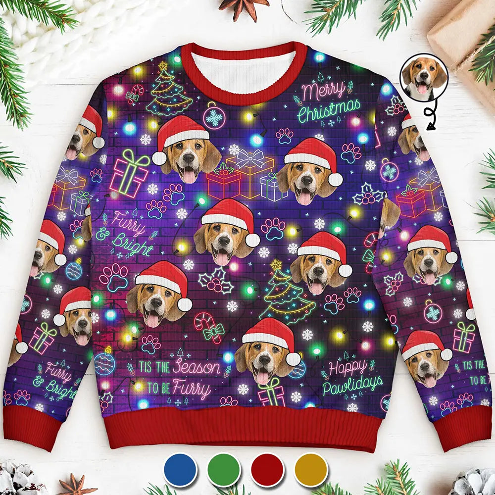 Christmas,Custom Photo,Pet Lovers,Dog Lovers,Cat Lovers,Happy - Custom Photo Christmas Dog Cat Neon Light Style - Personalized Unisex Ugly Sweater