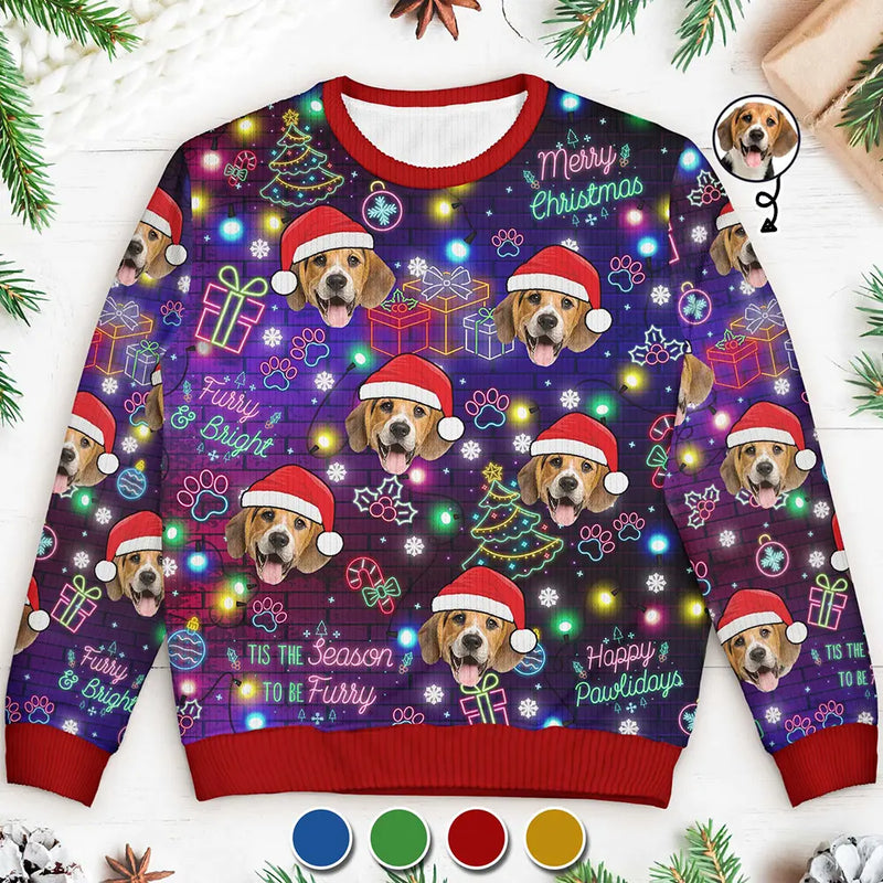 Christmas,Custom Photo,Pet Lovers,Dog Lovers,Cat Lovers,Happy - Custom Photo Christmas Dog Cat Neon Light Style - Personalized Unisex Ugly Sweater