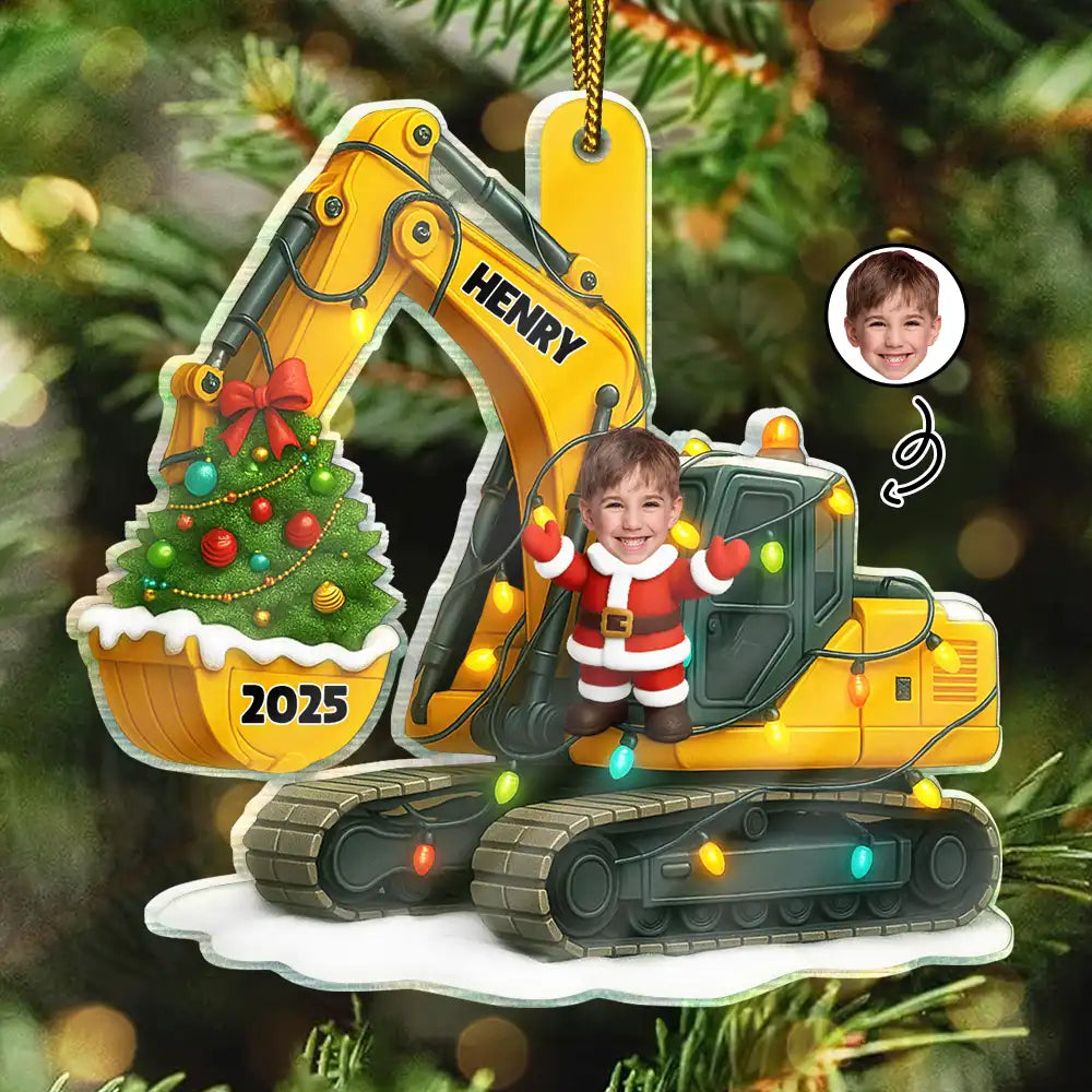 Custom Photo Christmas Excavator Construction - Personalized Custom Shaped Acrylic Ornament
