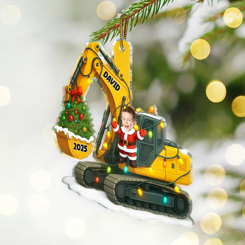 Custom Photo,Christmas,Happy,Gift For Kids - Custom Photo Christmas Excavator Construction - Personalized Custom Shaped Acrylic Ornament