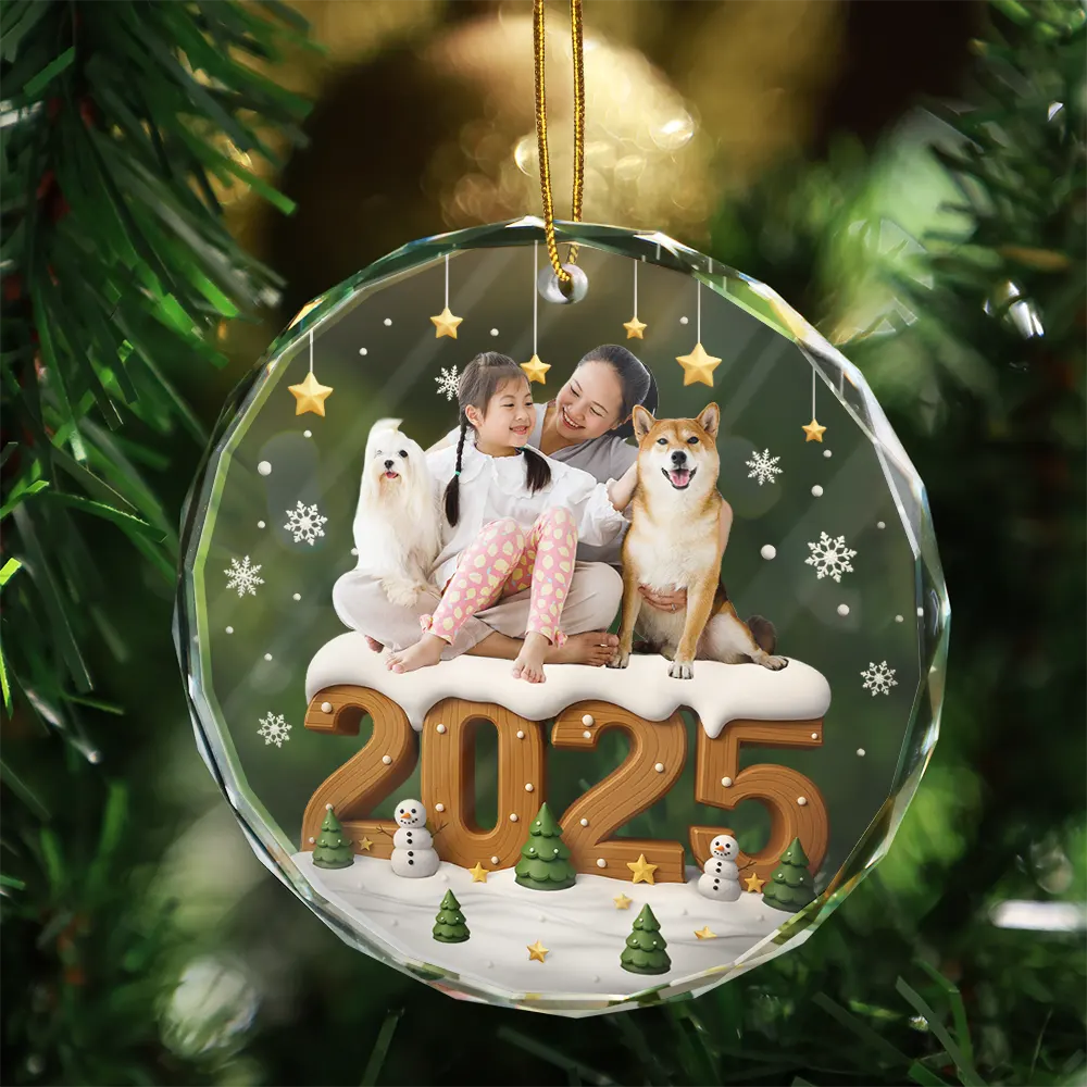 Custom Photo, Christmas, Family, Parents, Gift For Grandparents - Custom Photo Christmas Family Besties Couple - Personalized Circle Glass Ornament