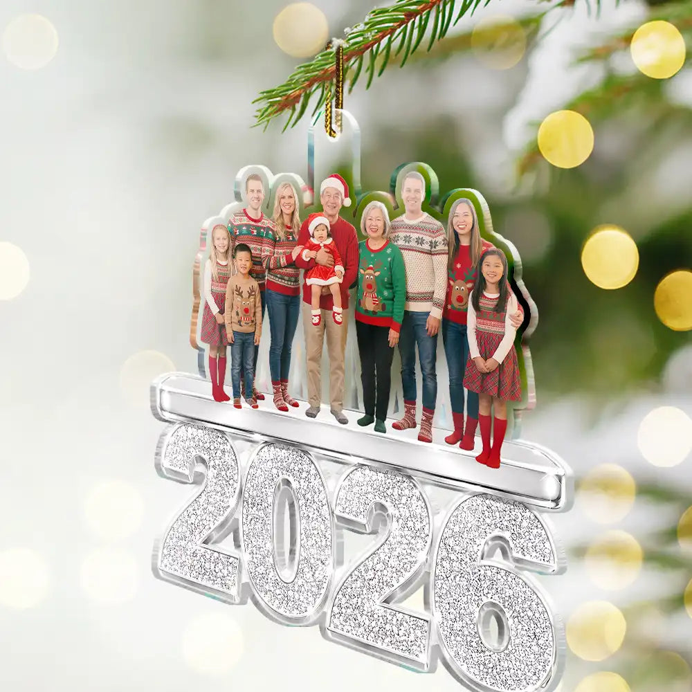 Christmas,Custom Photo,Cozy,Family,Remove BG Photo - Custom Photo Christmas Family Siblings Friends Glitter Effect - Personalized Custom Shaped Acrylic Ornament
