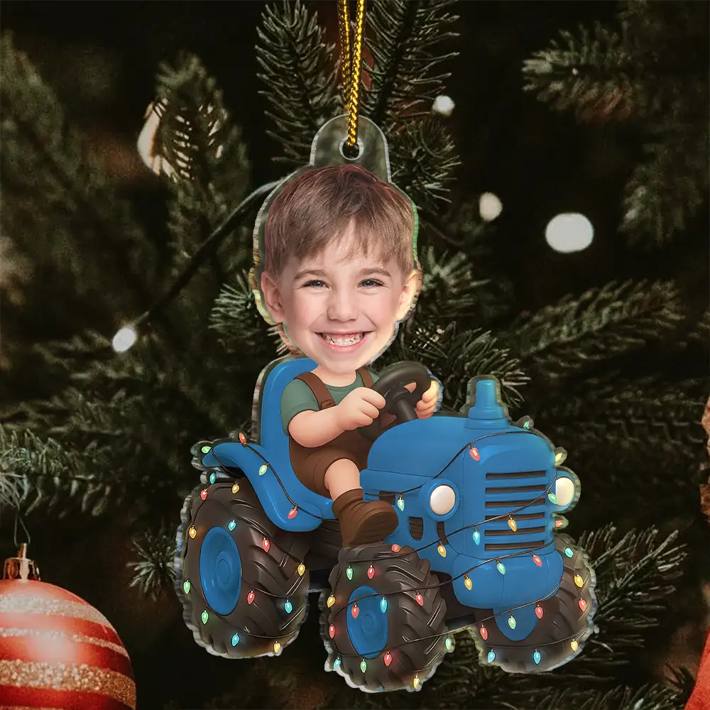Gift For Kids, Gift For Grandkids, Photo Hobby Ornament, Custom Photo, Funny, Christmas - Custom Photo Christmas Kid Driving Tractor - Personalized Acrylic Photo Ornament