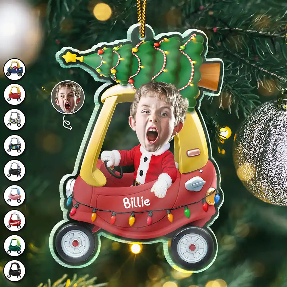 Custom Photo Christmas Kid In Car - Personalized Custom Shaped Acrylic Ornament