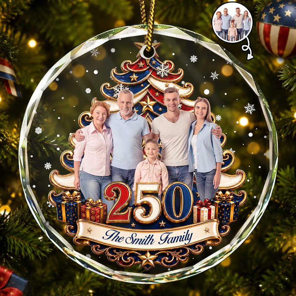 Custom Photo Christmas Tree 250 Years Of Freedom - Personalized Circle Glass Ornament