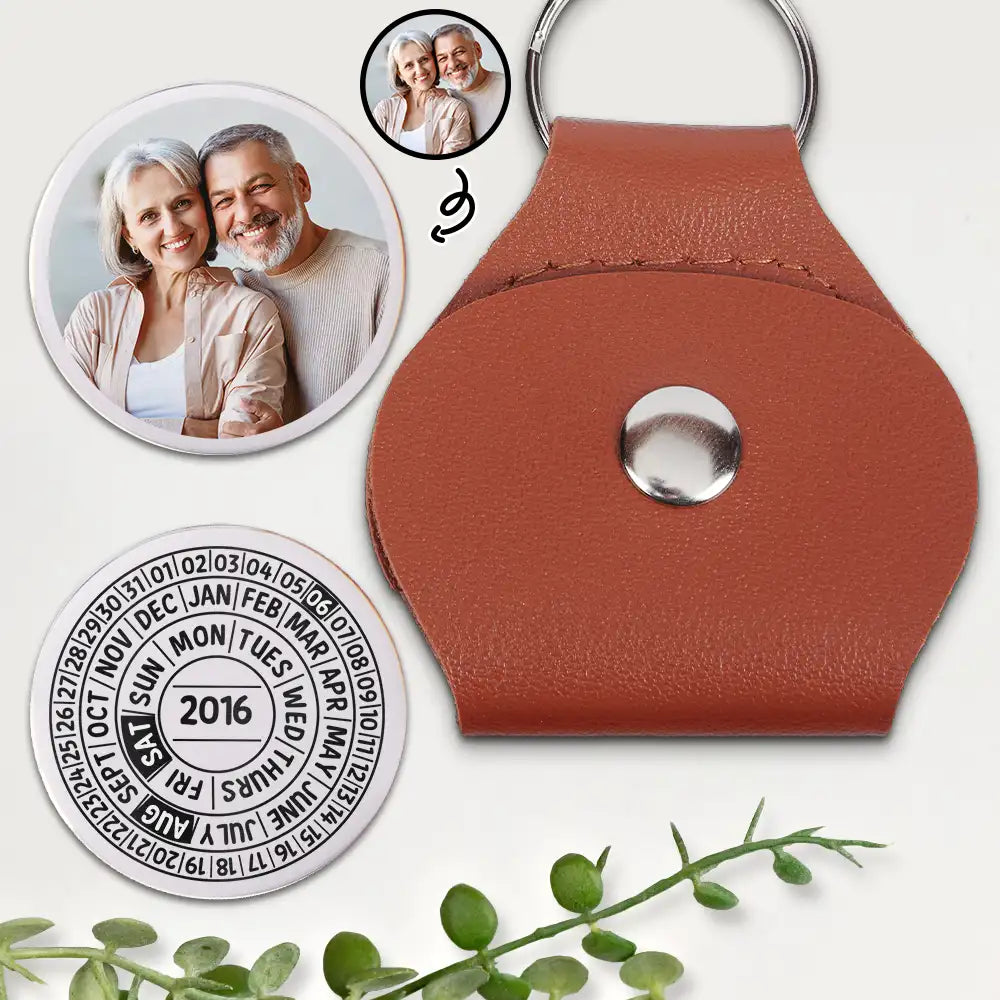 Gift For Couples, Love, Happy, Custom Photo - Custom Photo Circle Date Anniversary Reminder - Personalized Leather Pocket Hug