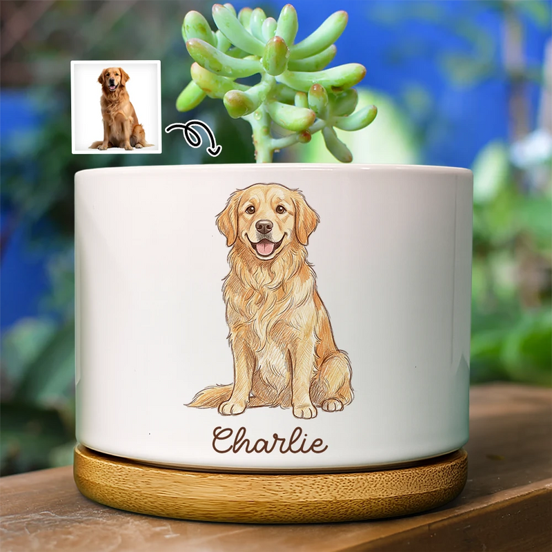 Dog Lovers,Pet Lovers,Cat Lovers,Happy -  Custom Photo Colored Pencil Sketch Funny Dog Cat Pet - Personalized Ceramic Plant Pot