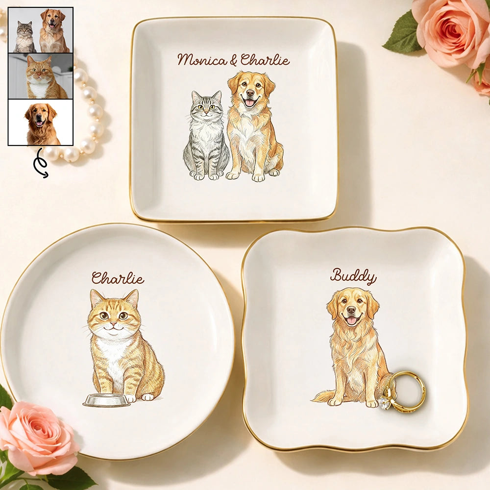 Custom Photo Colored Pencil Sketch Funny Dog Cat - Personalized Ring Dish