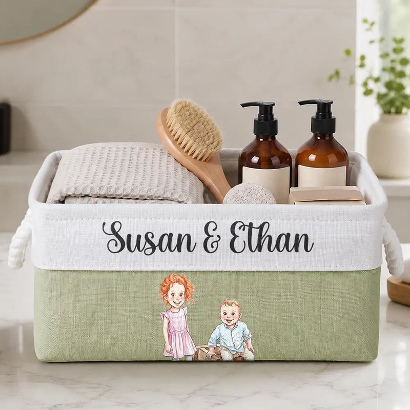 Custom Photo, Art Design, Family, Adorable, Photo - Colored Pencil  - Custom Photo Colored Pencil Sketch Happy Family Dad Mom Kid Pet - Personalized Storage Basket