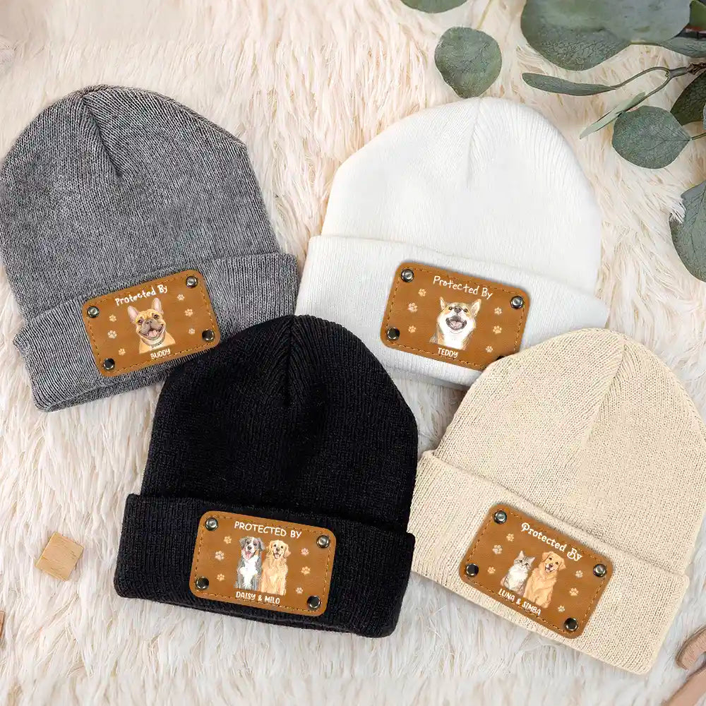 Pet Mom,New Baby,Art Design,Playful,Christmas,Gift For Mother,Pet Lovers,Photo - Colored Pencil - Custom Photo Colored Pencil Sketch New Baby Protected By Pet Gift For New Mom New Dad - Personalized Beanie With Leather Patch