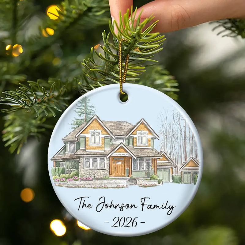 First Christmas,Art Design,Christmas,Married Couple,Gift For Couples,Photo - Colored Pencil ,Happy - Custom Photo Colored Pencil Sketch Our First Home Family Parents - Personalized Circle Ceramic Ornament