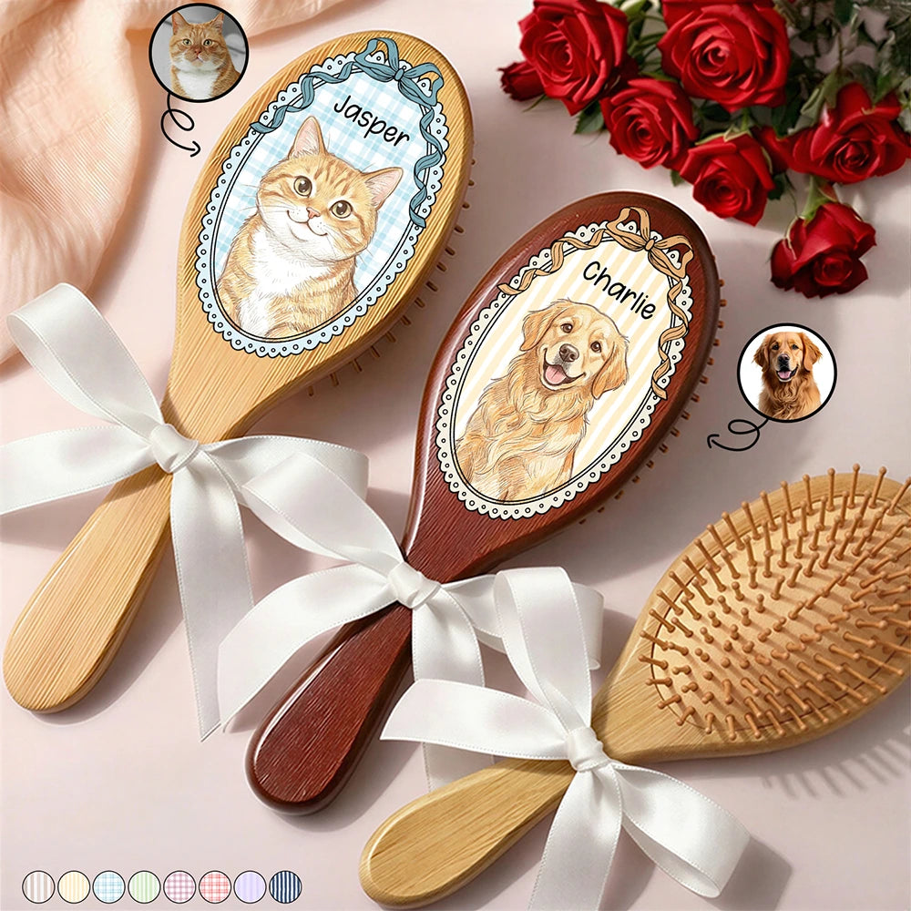 Custom Photo Colored Pencil Sketch Vintage Dog Cat Pet - Personalized Wooden Hair Brush