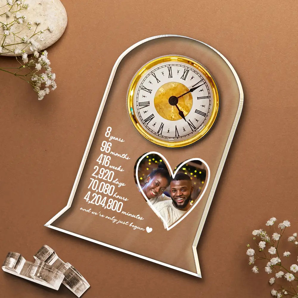 Gift For Couples, Old Couples, Custom Photo, Love - Custom Photo Couple Anniversary Counting Time Years Months Weeks - Personalized Acrylic Desk Clock