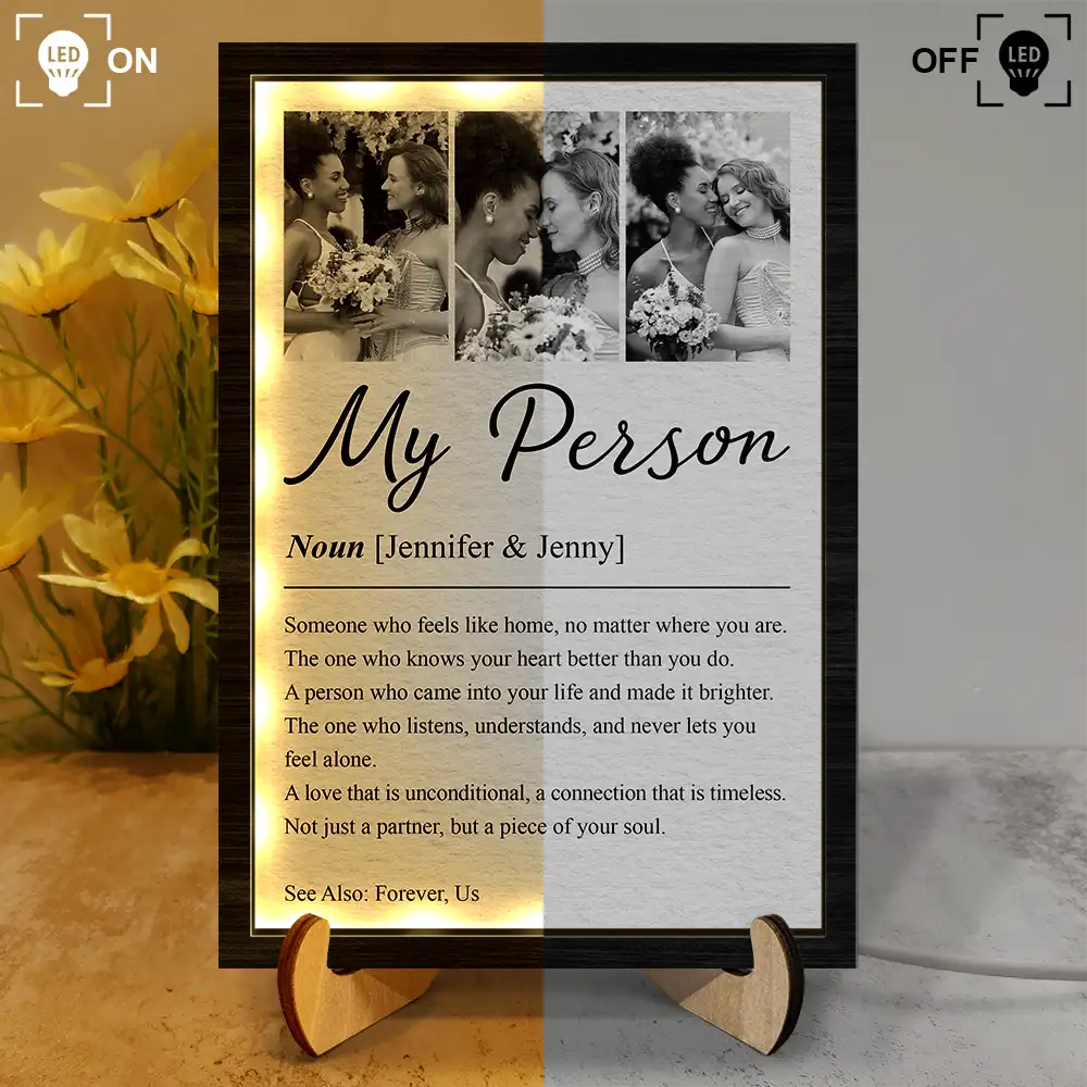Custom Photo,Gift For Couples,LGBT,Old Couples,Gift For Women,Gift For Men,Gift For Husband,Gift For Wife,Gift For Boyfriend,Gift For Girlfriend,Love - Custom Photo Couple My Person Definition - Personalized LED Light Wooden Plaque
