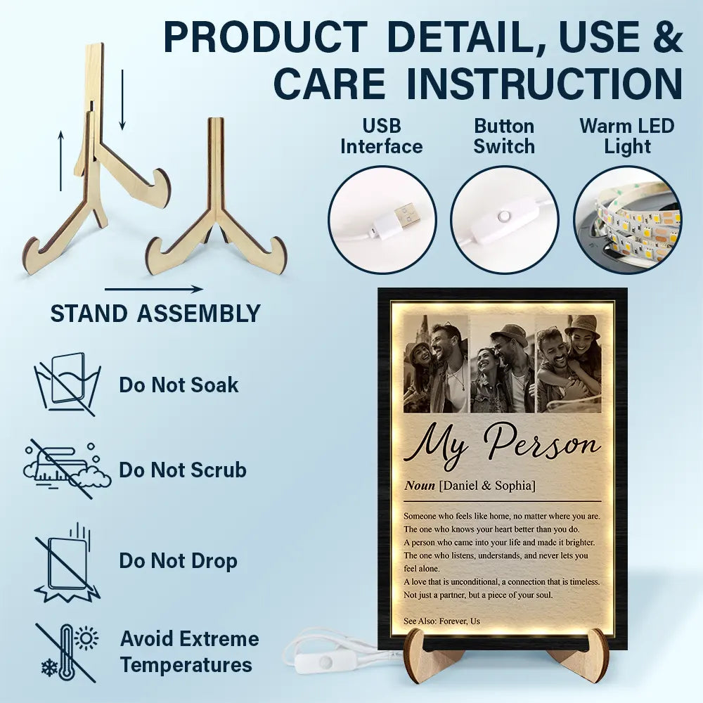 Custom Photo,Gift For Couples,LGBT,Old Couples,Gift For Women,Gift For Men,Gift For Husband,Gift For Wife,Gift For Boyfriend,Gift For Girlfriend,Love - Custom Photo Couple My Person Definition - Personalized LED Light Wooden Plaque