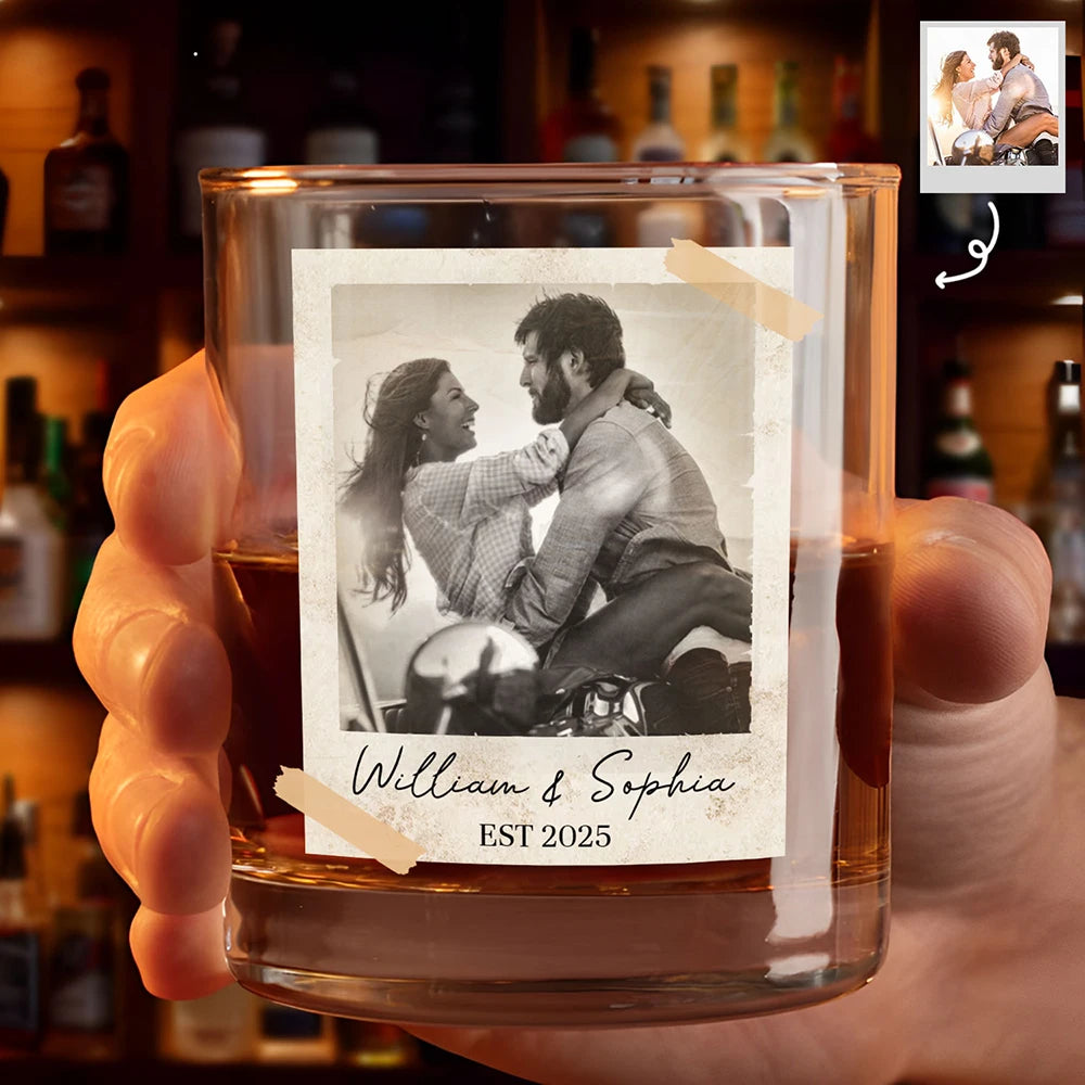 Custom Photo Couple Vintage Polaroid - Personalized Whiskey Glass