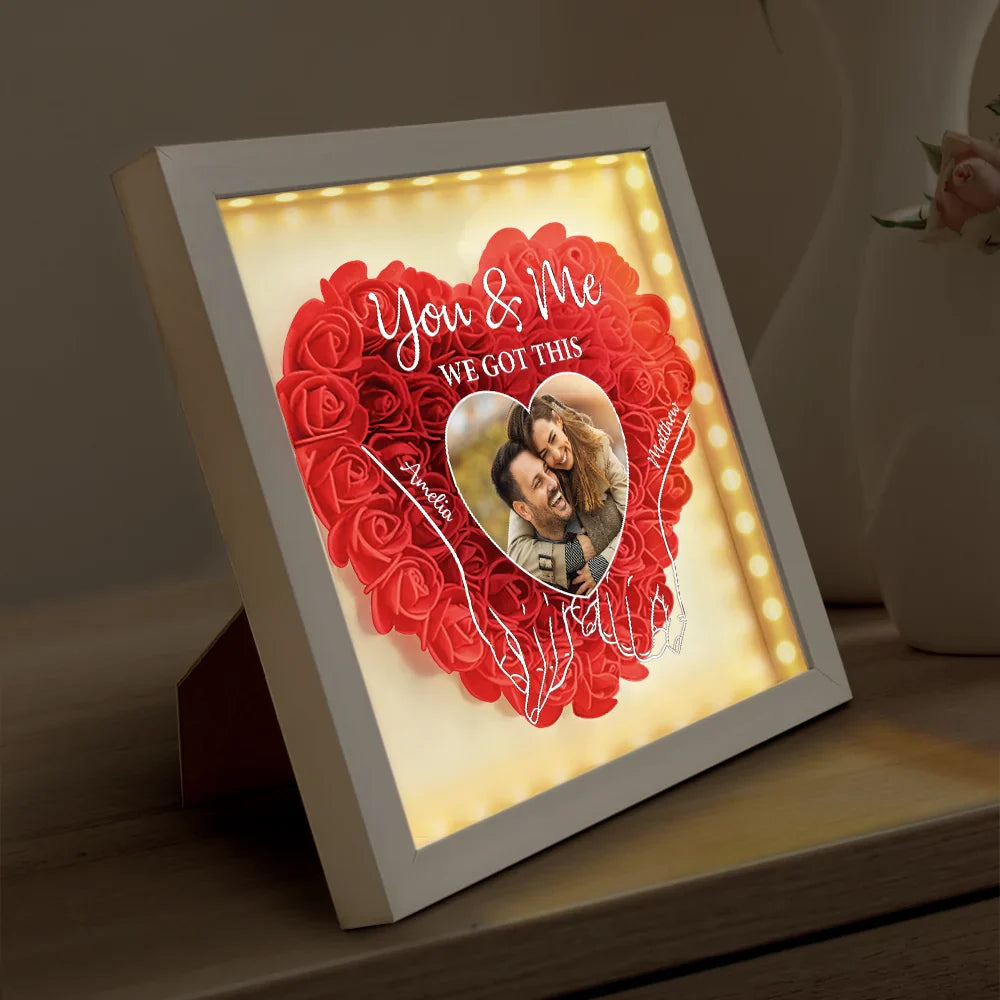 Custom Photo,Gift For Couples,Gift For Husband,Gift For Wife,Gift For Boyfriend,Gift For Girlfriend,Happy - Custom Photo Couple You & Me We Got This - Personalized LED Light Flower Shadow Box