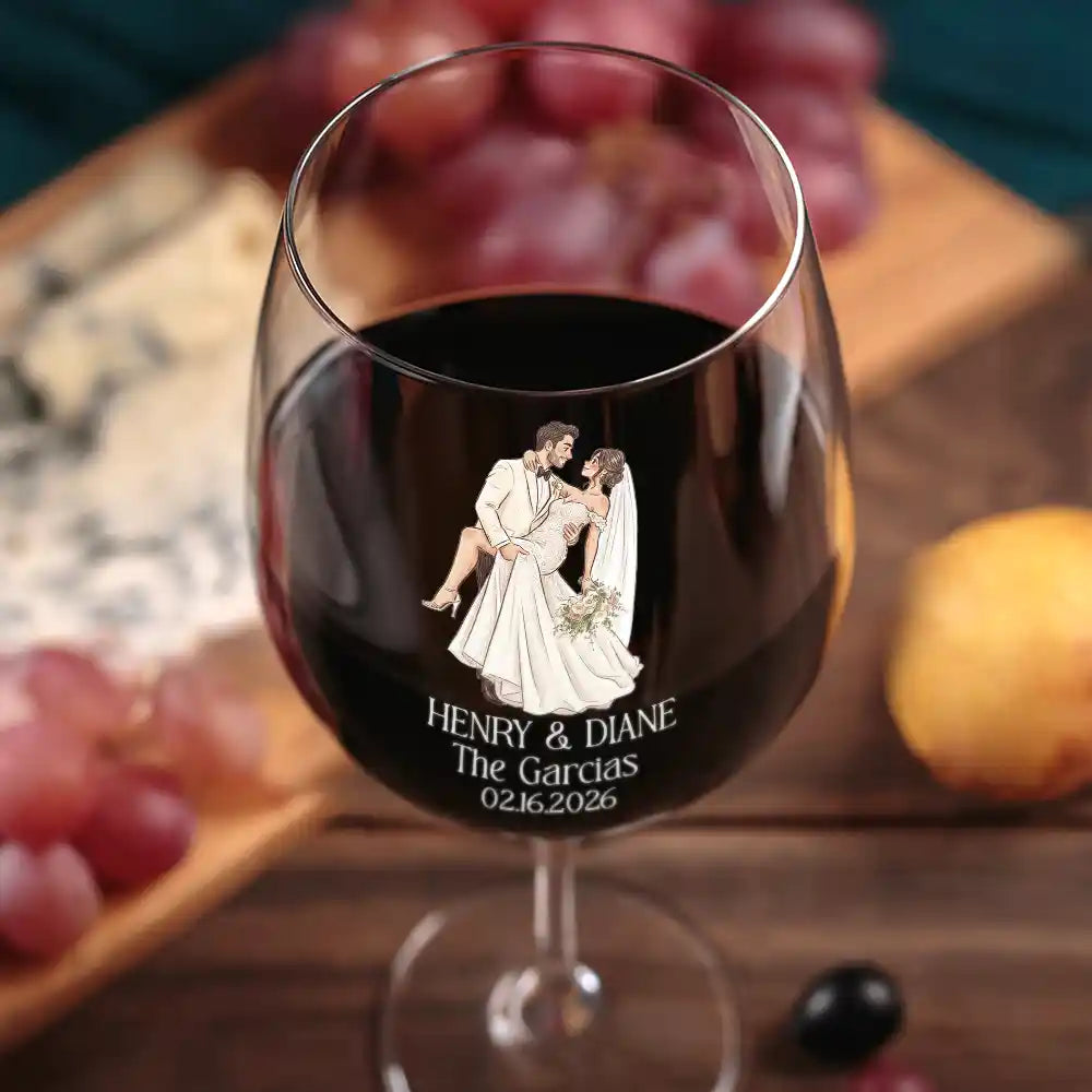 Gift For Couples, Married Couple, Custom Photo, Art Design, Wedding, Romantic, Photo - Pencil Sketch - White BG - Custom Photo Couples Wedding Engaged Bachelor Party - Personalized Wine Glass