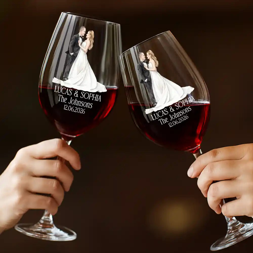 Gift For Couples, Married Couple, Custom Photo, Art Design, Wedding, Romantic, Photo - Pencil Sketch - White BG - Custom Photo Couples Wedding Engaged Bachelor Party - Personalized Wine Glass