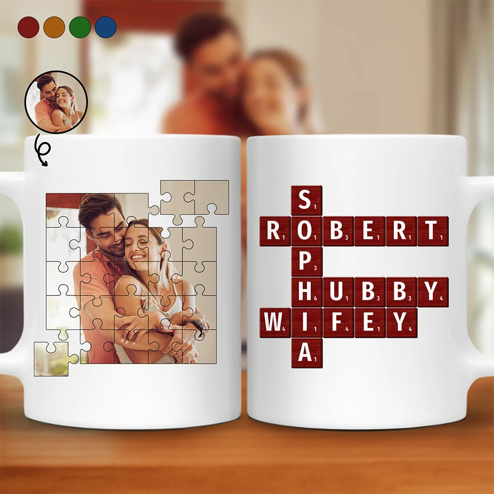 Gift For Couples,Custom Photo,Love - Custom Photo Crossword Puzzle Couple Scrabble Name - Personalized Mug