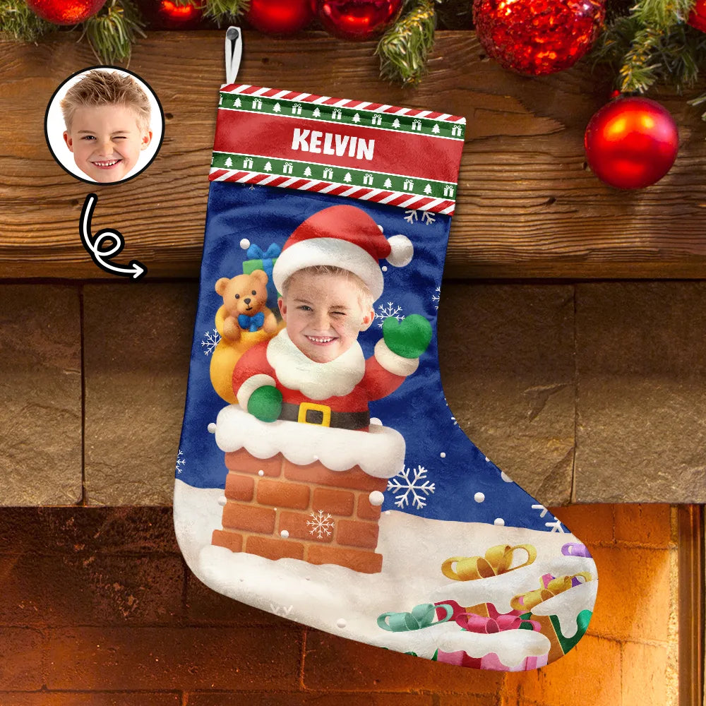Christmas,Gift For Kids,Non-Eng - Custom Photo Cute Santa In Chimney - Personalized Christmas Stocking