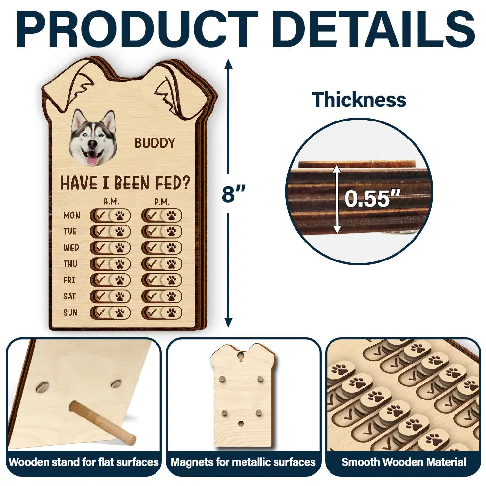 Dog Lovers,Dog Mom,Dog Dad - Custom Photo Cute Dog Ear Feed Medication Tracker - Personalized Wooden Pet Feeding Reminder