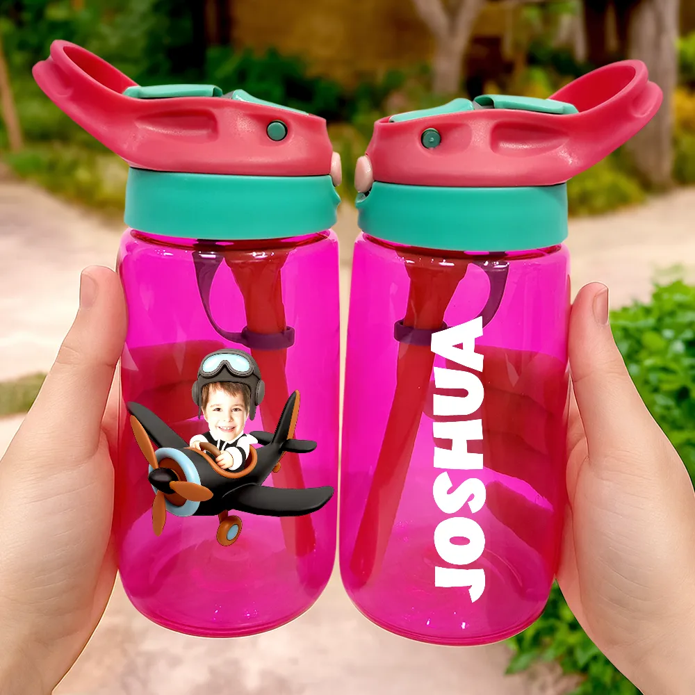 Gift For Kids, Happy, Funny, Custom Photo - Custom Photo Cute Kid Car Toy Airplane - Personalized Kids Water Bottle With Straw