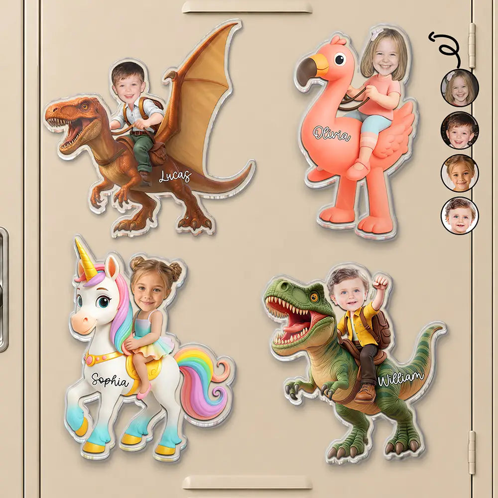 Custom Photo Cute Kid Riding Dinosaur Flamingo Unicorn - Personalized Acrylic Magnet