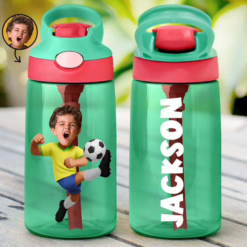Gift For Kids, Happy, Funny, Custom Photo - Custom Photo Cute Kid Sport Playing Football Soccer Baseball Softball - Personalized Kids Water Bottle With Straw
