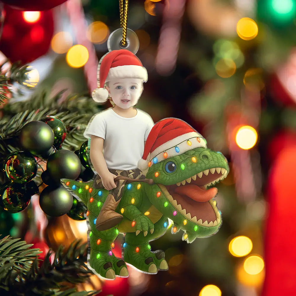 Gift For Kids, Gift For Grandkids, Photo Hobby Ornament, Custom Photo, Funny, Christmas - Custom Photo Cute Kid Xmas Dinosaur - Personalized Acrylic Photo Ornament