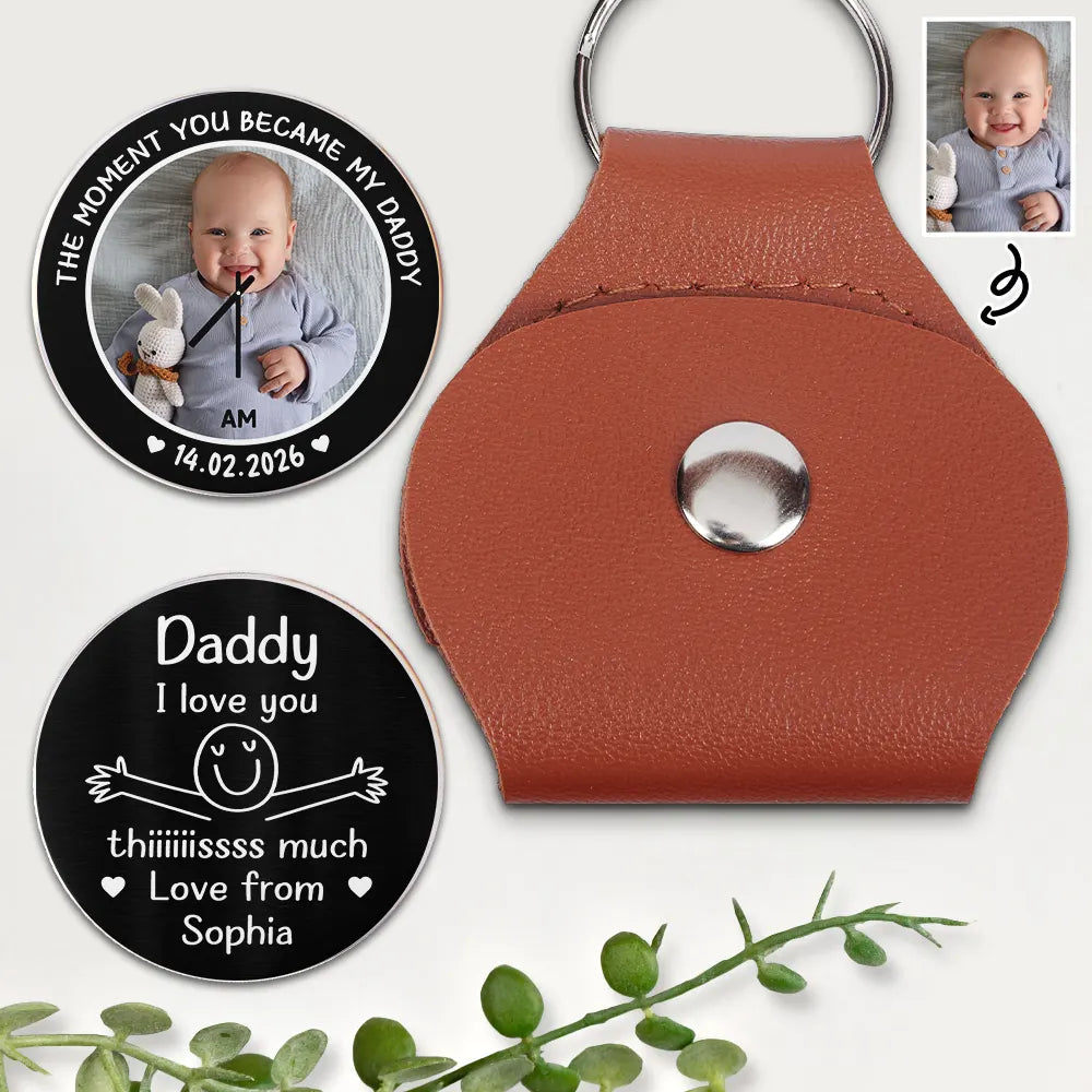 Gift For Father, Gift For Men, Gift For Husband, Happy, Gift For Yourself - Custom Photo Daddy I Love You This Much - Personalized Leather Pocket Hug